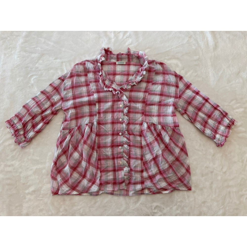 Sundance Pink Plaid Ruffle Trim Cotton Gauze Blouse Womens Size 13 3/4 Sleeve